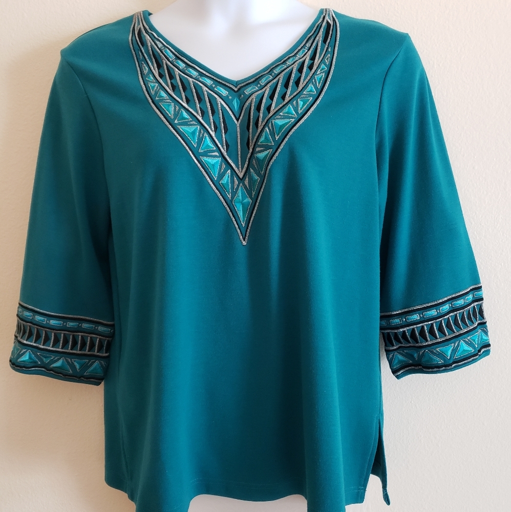 Bob Mackie teal embroidered blouse